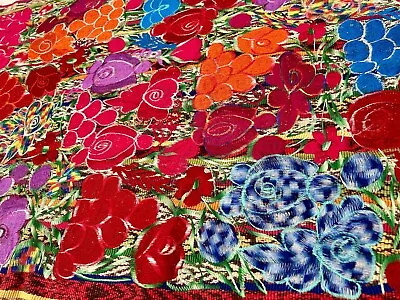 Floral Mexican Embroidered Rainbow Table Runner- Chiapas Mexico-  67”Lx 23W” • $38.40
