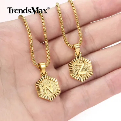 14K Gold Plated Monagram Hexagon Letter Pendant Necklace Box Chain Men 20/22/24  • $5.22