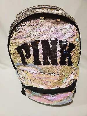 Victoria's Secret Pink Gold Black Iridescent Flip Sequin Bling Campus Backpack • $49.99