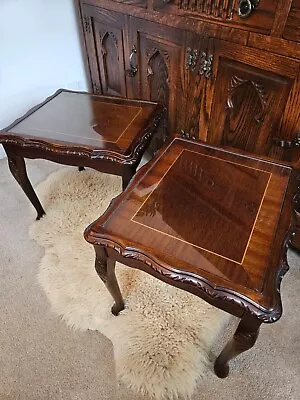 Pair Of Vintage Bedside Table Hardwood Carved Details Glass Top • £55