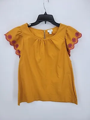 J Crew Top Womens Small Gold Bell Sleeve Embroidered Boho Peasant Blouse Popover • $14.63