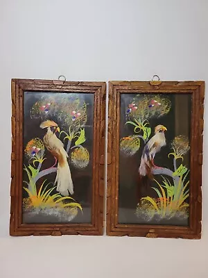 Vintage TIKI Bar Art Bird Feather Craft Tropical Folk Kitsch Wood Carved Frames  • $18.29