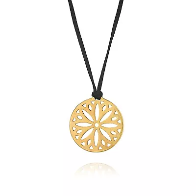 24k Gold Plated Mandala Pendant Necklace Flower Design Charm Black Suede Chain • $198