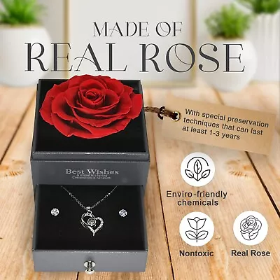 Glamour Boutique Preserved Rose In A Box With I Love You Necklace In 100 Languag • $25.95