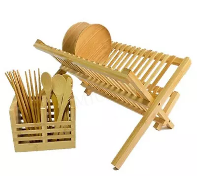 £15.99 • Buy Cutlery Rack Bamboo Foldable Wooden Dish Drainer Set Of 2 With Utensils Holder