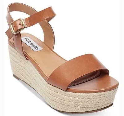 STEVE MADDEN Espadrille Wedge Sandals Size 10 Ankle Strap Open Toe Leather Brown • $16.99