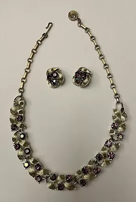 Vtg. Lisner Gold Tone/purple Rhinestone Choker Necklace Matching Clip-earrings • $38