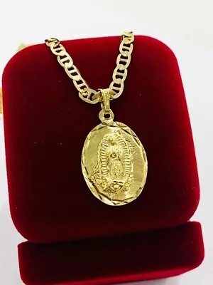 14K Gold Filled Virgen De Guadalupe Charm Necklace For Mens MAriner Chain 24  • $58.49