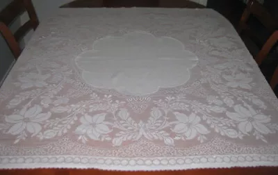 Vintage Linen & Filet Lace Tablecloth ~ White/cream ~ Cotton ~ Square • $22.50