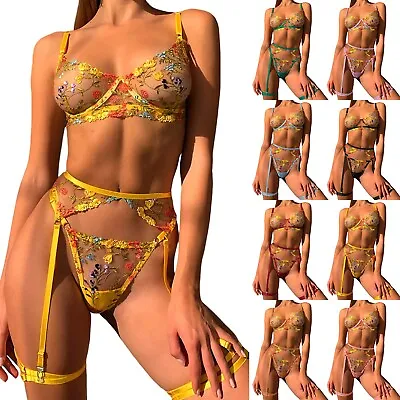 Long Negligee Lingerie Women's Fun Underwear Sexy See Through Flower Bra Garter • £20.63