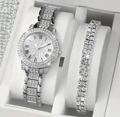 Watch And Bracelet Set Ladies Women Girls Fashion Wristwatch Gift • £9.98