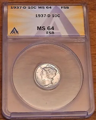 1937 D US Mercury Dime - ANACS MS64 Full Split Bands + Free Shipping • $68.50