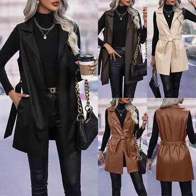 Women Solid Sleeveless Vest PU Mid Long Coat Cardigans Belt Jacket OL  Waistcoat • £12.99