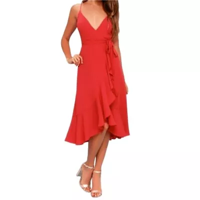 MIA Wrap Midi Dress Sze M Red Strappy Tie Waist Cocktail Wedding Christmas • $55.33