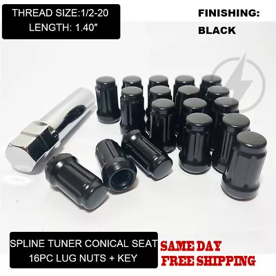 Fit Ford Falcon Thunderbird Mustang Spline Tuner Lug Nut 1/2-20 Black 16pc+key • $17.38