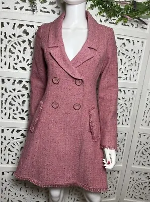 CAbi Women’s Madison Avenue Pink Tweed Fringe Wool Coat Trench Jacket Size 2 • $38.50