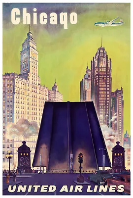 United Airlines - Chicago - 1940s - Vintage Travel Poster • $10.99