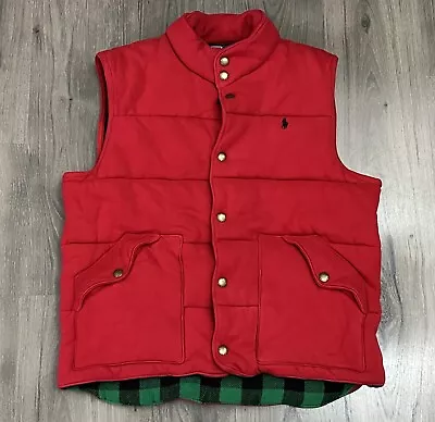 Vintage Polo Ralph Lauren Puffer Vest Red Insulated Flannel Lined Men Large Wear • $33.14