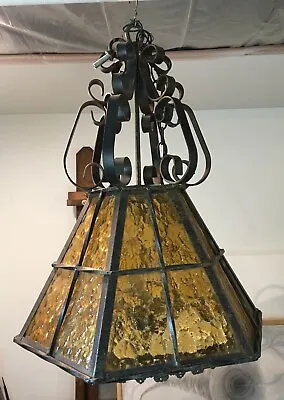 Vintage Antique Gothic Spanish Revival Iron Amber Glass Chandelier Light Fixture • $78