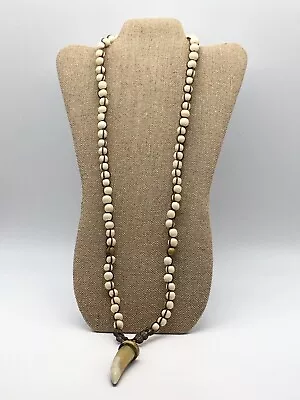 Vintage Boho Bone Bead Rhinestone Horn Tooth Claw Necklace • $18.09