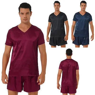 Men's Satin Silky Pajamas Set Short Sleeve T-shirt Shorts Sleepwear Loungewear • $13.36