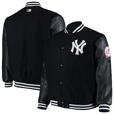 New York Yankees Black Wool & Leather Jacket Full Snap Embroidery Logos • $124.99
