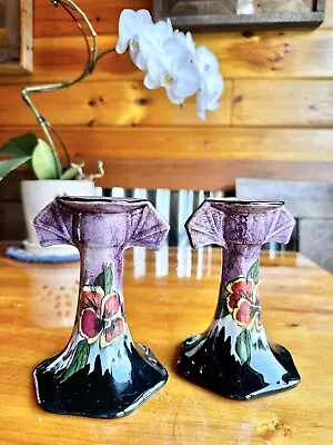 Rare Tunstall H&K England Floral Pansie Purple Black Candle Stick Holders VTG • $39.99