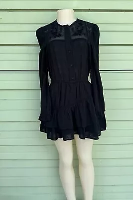 New Zara Black Embroidered Short Dress Long Sleeves Button Size Xs #7373 • $38.24