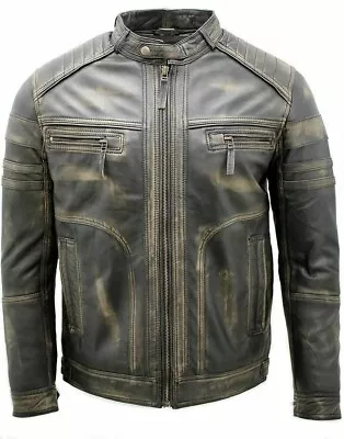 Men's Distressed Antique Brown Waxed Vintage Lambskin Cafe Racer Leather Jacket • $79.99
