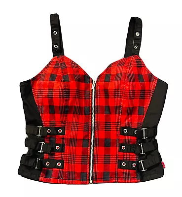 Royal Bones Red Black Plaid Corset Bustier Zip Up Top Sz L Vintage Daang Goodman • £48.22