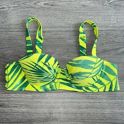 AERIE Lightly Lined Underwire Bikini Top Neon Green Palm Print 34A EUC • $16