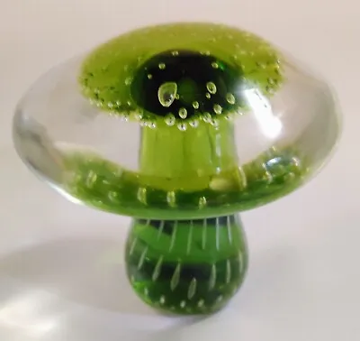 Vintage Viking Glass Mushroom Paperweight Clear Green Bubbles 4  Tall Exc 60s  • $205