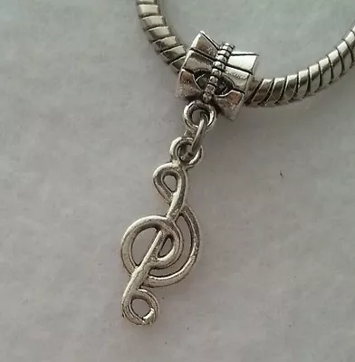 Silver Treble G Clef Music Note Dangle Bead Fits European Charm Bracelet Or Clip • $10.50