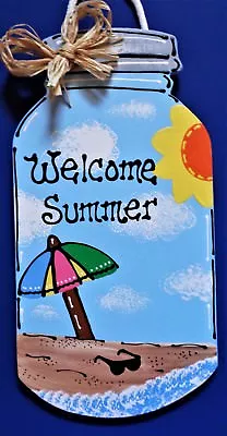 Welcome Summer MASON JAR SIGN Wall Art Door Hanger Plaque Country Wood Decor  • $13