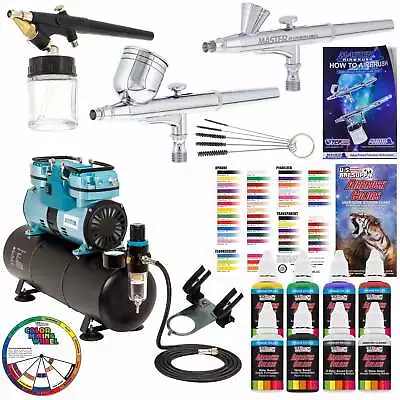 3 Master Airbrush 1/4hp Twin-Piston Air Compressor 6 Color Acrylic Paint Set • $299.99
