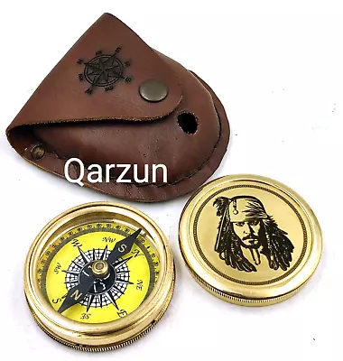 Brass Nautical Jack Sparrow Pirates Compass With Leather Cover Vintage Gift • £27.17