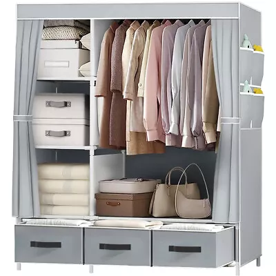 Practical Fabric Canvas Wardrobe Hanging Rail Shelving Clothes Cupboard Storage • £21.99