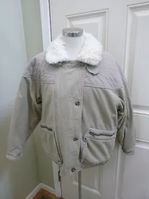Vtg EDDIE BAUER L Beige Quilted Puffy Down Bomber Curly Sheepskin Jacket Coat • $64.99