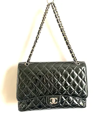 CHANEL Jumbo Classic Large Black Patent Single Flap Bag With Silver Hardware • £3250