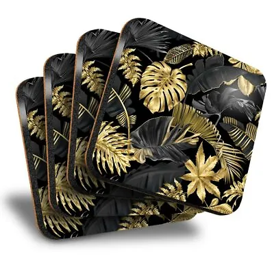 £7.99 • Buy Set Of 4 Square Coasters - Gold & Black Tropical Leaf Print  #24546