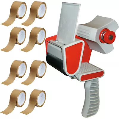 TAPE GUN DISPENSER + 8 HUGE ROLLS OF BROWN BUFF 48MM X 66M PARCEL PACKING TAPE • £9.95