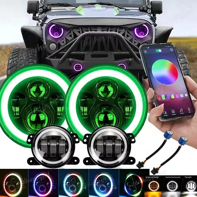 Muti-Color 7'' RGB Halo LED Headlights Fog Lights Combo Kit For Jeep Wrangler JK • $103.50