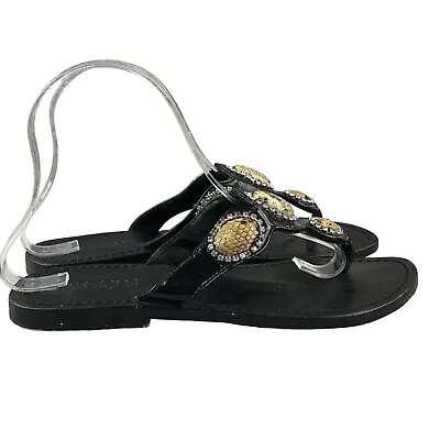 MYSTIQUE Women's Size 6 Black Leather Snakeskin Jeweled Thong Slip On Sandals • $59.60