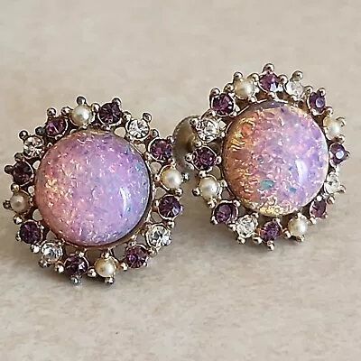 Antique Vintage Earrings Fire Opal Cab Glass Pearl Rhinestone Screwback  • $14.99