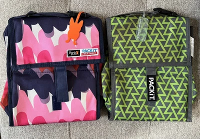$30 • Buy Lot Of 2 Packit Freezable French Bull Lunch Bags With Zip Closure Pink Green