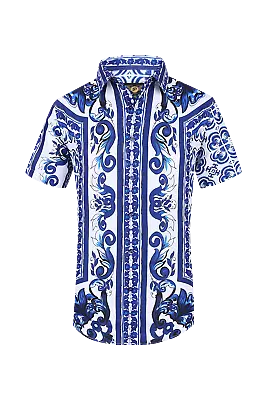 Mens PREMIERE Casual Short Sleeve Button Down Dress Shirt Blue White PAISLEY 618 • $35.95