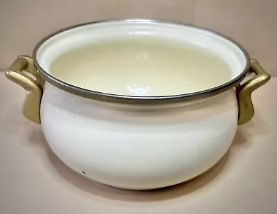 Vintage Enamelware Pot With Brass Handles White Enamel Pot 7 Inch Rim • $33.65