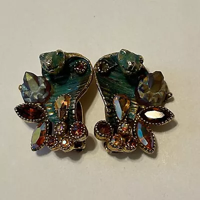 Vtg 1950s Signed HAR Enamel Fantasy Stones AB Cobra Snake Clip Earrings Hargo • $325