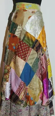 Long Vintage Silk Sari Hippie Boho Reversible Magic Wrap Skirt Patchwork • $35