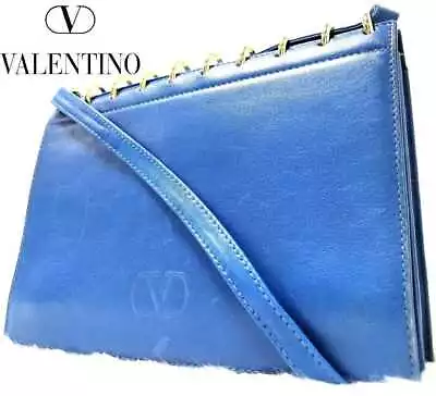 Valentino Rare Shoulder Bag Vintage Logo Leather Blue Women's USED FROM JAPAN • $157